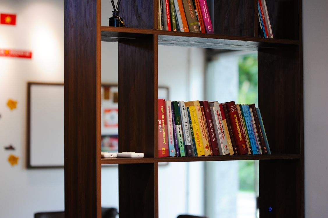 Books and study materials on library shelves